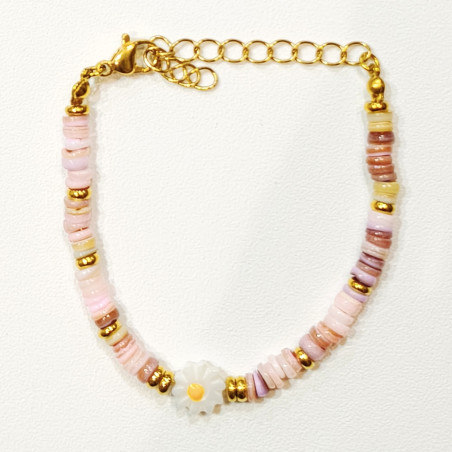 Bracelet Multipierres Nacre Enfant avec Pâquerette Acier Plaqué Or 13 + 5 cm