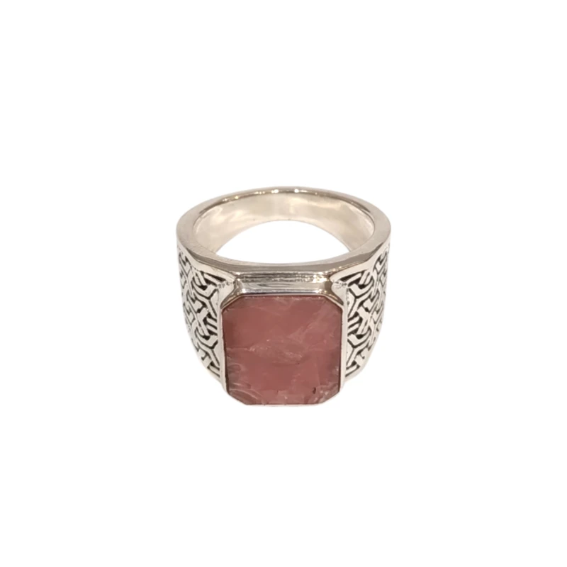 Bague Rhodochrosite Rectangulaire Argent 925 Ciselé Type Chevalière Taille 64