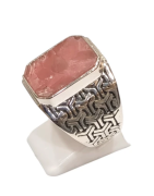 Bague Rhodochrosite Rectangulaire Argent 925 Ciselé Type Chevalière Taille 64