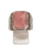 Bague Rhodochrosite Rectangulaire Argent 925 Ciselé Type Chevalière Taille 64