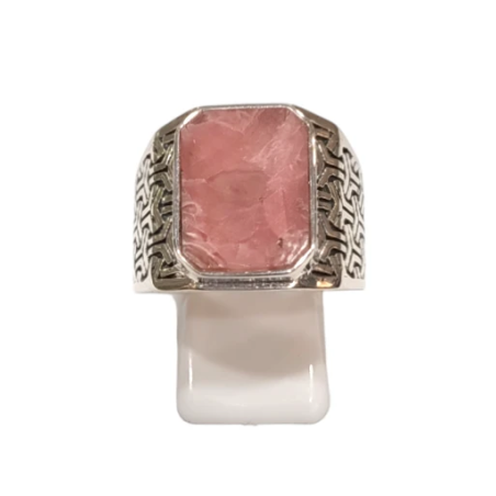 Bague Rhodochrosite Rectangulaire Argent 925 Ciselé Type Chevalière Taille 64