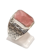 Bague Rhodochrosite Rectangulaire Argent 925 Ciselé Type Chevalière Taille 64