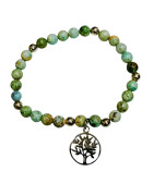 Bracelet Turquoise A+ du Népal avec Inserts Billes d'Acier et Arbre de Vie Pierres Rondes 6mm