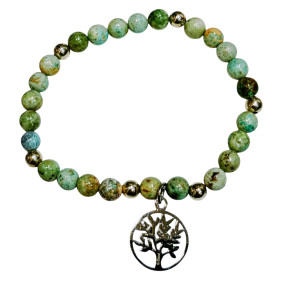 Bracelet Turquoise A+ du Népal avec Inserts Billes d'Acier et Arbre de Vie Pierres Rondes 6mm