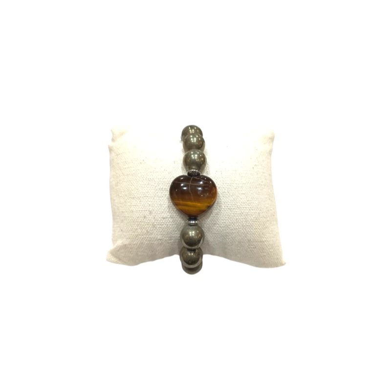 Bracelet Pyrite et Œil de Tigre Cœur avec Insert Acier Perles Rondes 10mm