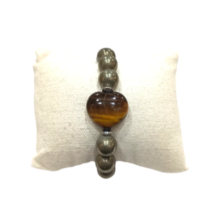 Bracelet Pyrite et Œil de Tigre Cœur avec Insert Acier Perles Rondes 10mm