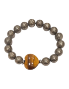 Bracelet Pyrite et Œil de Tigre Cœur avec Insert Acier Perles Rondes 10mm