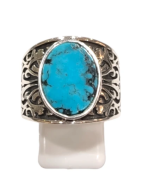 Bague Turquoise de Californie Ovale Argent 925 Ciselé Type Chevalière Taille 61