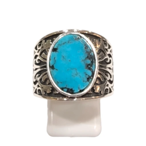 Bague Turquoise de Californie Ovale Argent 925 Ciselé Type Chevalière Taille 61