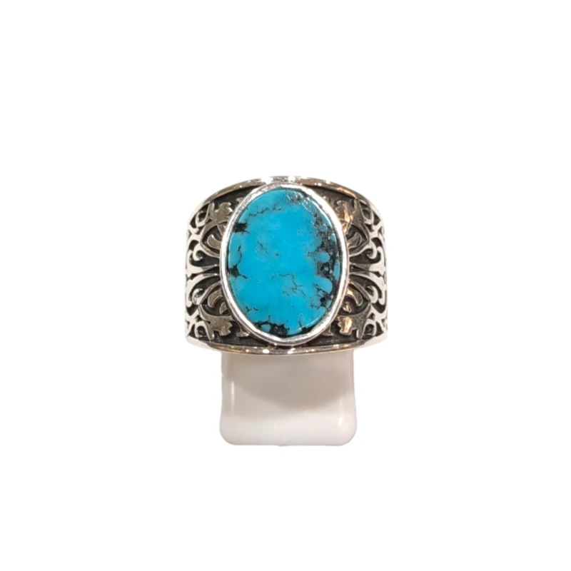 Bague Turquoise de Californie Ovale Argent 925 Ciselé Type Chevalière Taille 61