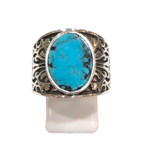Bague Turquoise de Californie Ovale Argent 925 Ciselé Type Chevalière Taille 61