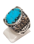 Bague Turquoise de Californie Ovale Argent 925 Ciselé Type Chevalière Taille 61