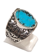 Bague Turquoise de Californie Ovale Argent 925 Ciselé Type Chevalière Taille 61