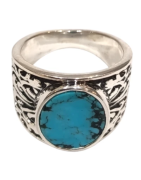 Bague Turquoise de Californie Ovale Argent 925 Ciselé Type Chevalière Taille 61