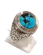 Bague Turquoise de Californie Ronde Argent 925 Ciselé Type Chevalière Taille 63+