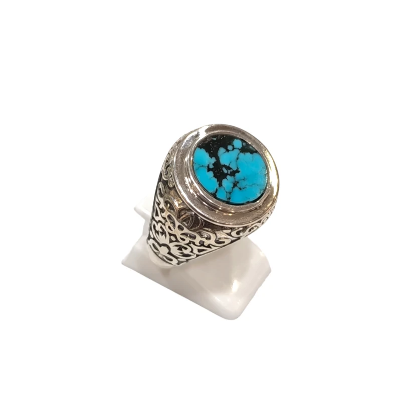 Bague Turquoise de Californie Ronde Argent 925 Ciselé Type Chevalière Taille 63+