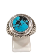 Bague Turquoise de Californie Ronde Argent 925 Ciselé Type Chevalière Taille 63+