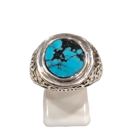 Bague Turquoise de Californie Ronde Argent 925 Ciselé Type Chevalière Taille 63+
