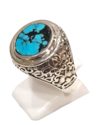 Bague Turquoise de Californie Ronde Argent 925 Ciselé Type Chevalière Taille 63+