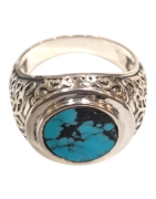Bague Turquoise de Californie Ronde Argent 925 Ciselé Type Chevalière Taille 63+