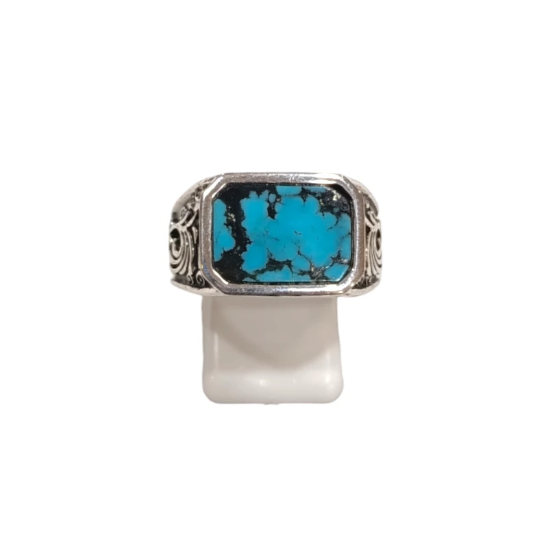 Bague Turquoise de Californie Rectangulaire Argent 925 Ciselé Type Chevalière Taille 61