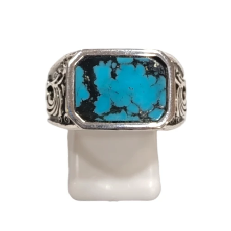 Bague Turquoise de Californie Rectangulaire Argent 925 Ciselé Type Chevalière Taille 61