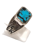 Bague Turquoise de Californie Rectangulaire Argent 925 Ciselé Type Chevalière Taille 61