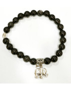 Bracelet Obsidienne Argentée avec Breloque Eléphant Pierres Rondes 8mm
