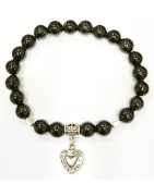 Bracelet Obsidienne Argentée avec Breloque Cœur Pierres Rondes 8mm