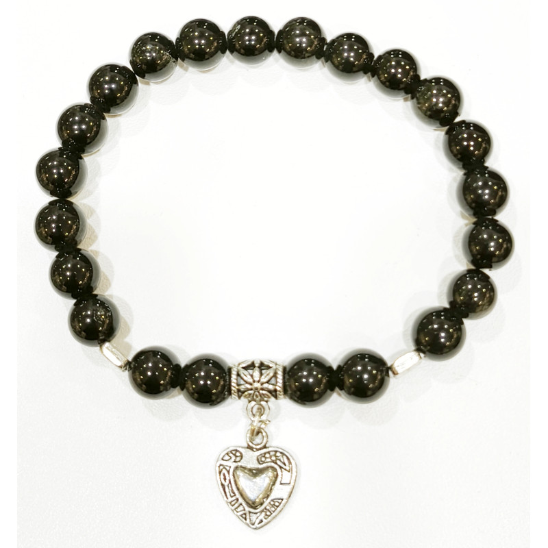 Bracelet Obsidienne Argentée avec Breloque Cœur Pierres Rondes 8mm