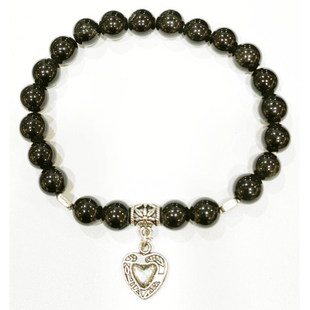 Bracelet Obsidienne Argentée avec Breloque Cœur Pierres Rondes 8mm