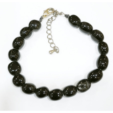 Bracelet Obsdienne Argentée Forme Olive avec Fermoir 17 + 7 cm