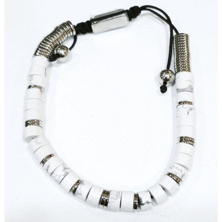 Bracelet Howlite Disques de Pierre et Inserts Acier Réglable