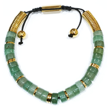 Bracelet Aventurine Verte Disques de Pierre et Inserts Acier Doré Réglable