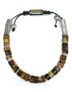 Bracelet Œil de Tigre Disques de Pierre et Inserts Acier Réglable