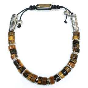 Bracelet Œil de Tigre Disques de Pierre et Inserts Acier Réglable