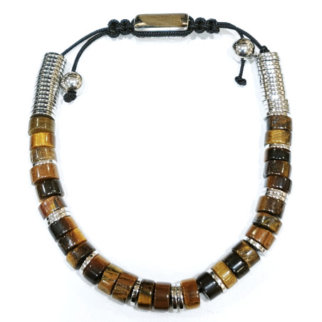 Bracelet Œil de Tigre Disques de Pierre et Inserts Acier Réglable
