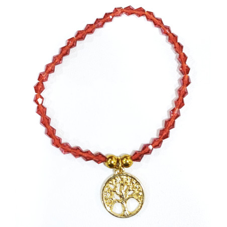 Bracelet Verre de Murano Rouge Perles Facettées Coniques Insert Arbre de Vie Doré