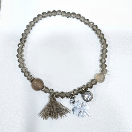 Bracelet Swarovski Fumé Perles de 4mm avec Breloque Trèfle