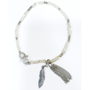 Bracelet Swarovski Blanc Mini Cubes 2mm Main de Fatima avec Breloque Plume