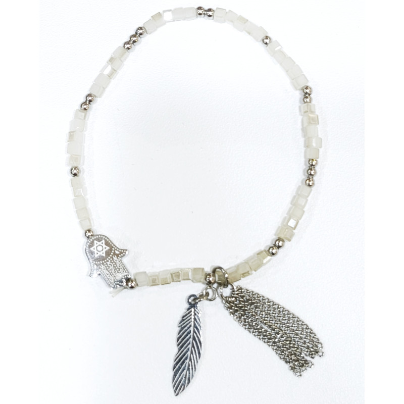 Bracelet Swarovski Blanc Mini Cubes 2mm Main de Fatima avec Breloque Plume