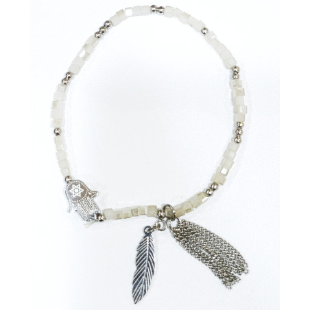 Bracelet Swarovski Blanc Mini Cubes 2mm Main de Fatima avec Breloque Plume