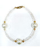 Bracelet Cristal de Roche et Perle de Majorque 10mm Pierres facettées 4mm avec Fermoir Doré 18 cm