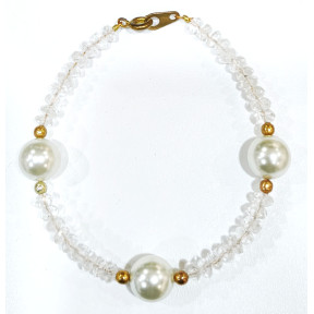 Bracelet Cristal de Roche et Perle de Majorque 10mm Pierres facettées 4mm avec Fermoir Doré 18 cm