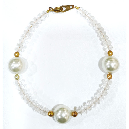 Bracelet Cristal de Roche et Perle de Majorque 10mm Pierres facettées 4mm avec Fermoir Doré 18 cm