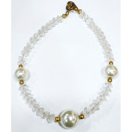 Bracelet Cristal de Roche et Perle de Majorque 8 et 10mm Pierres facettées 4mm avec Fermoir Doré 18 cm
