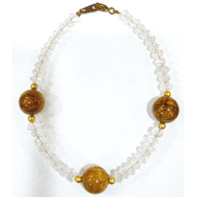 Bracelet Cristal de Roche Pierres de 4mm Facettées et Jaspe Mokaïte 10mm avec Fermoir Doré 18 cm