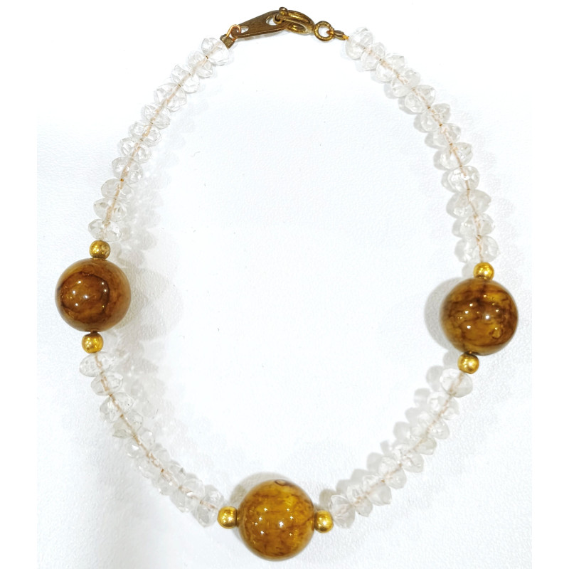Bracelet Cristal de Roche Pierres de 4mm Facettées et Jaspe Mokaïte 10mm avec Fermoir Doré 18 cm