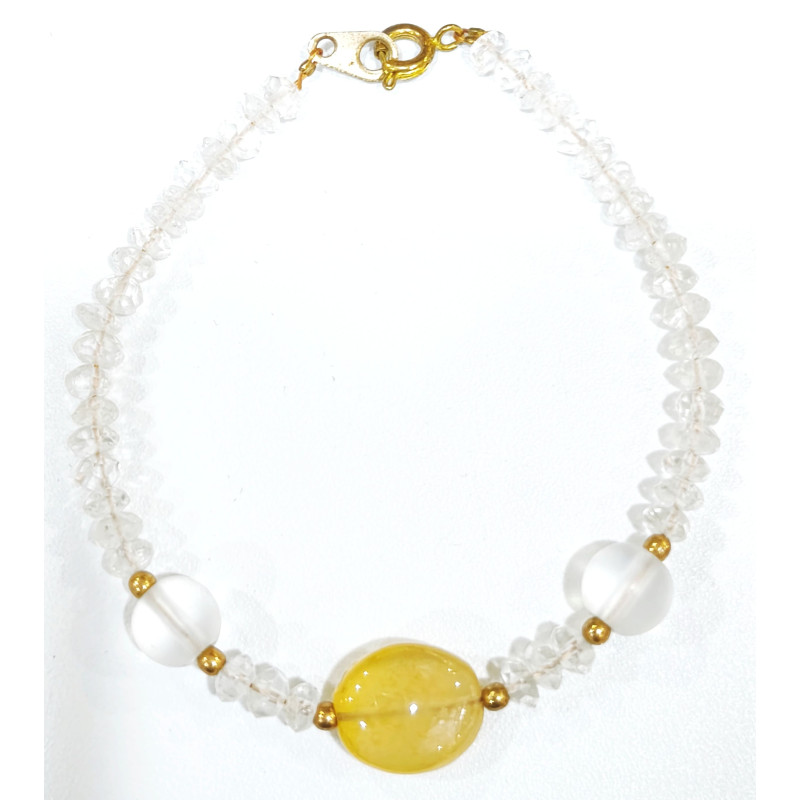 Bracelet Cristal de Roche Pierres de 4mm Facettées et Pierres Rondes 8mm Agate avec Fermoir Doré 18 cm