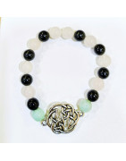 Bracelet Quartz Rose et Onyx Pierres Rondes 8mm Amazonite Facettée 8mm avec Nœud Celtique